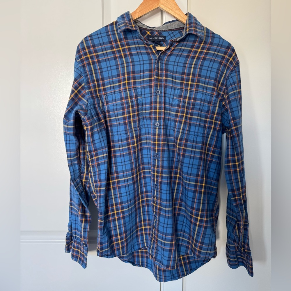 Lands' End Men's Flannel Shirt - Traditional Fit - Blue/Orange Plaid - Size M